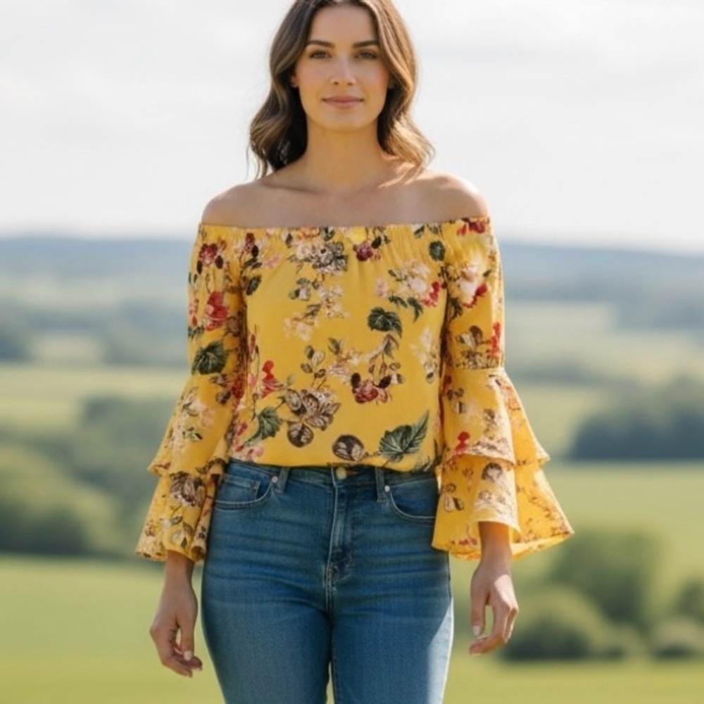 Rose + Olive Floral off the shoulder top size XS yellow boho chic
